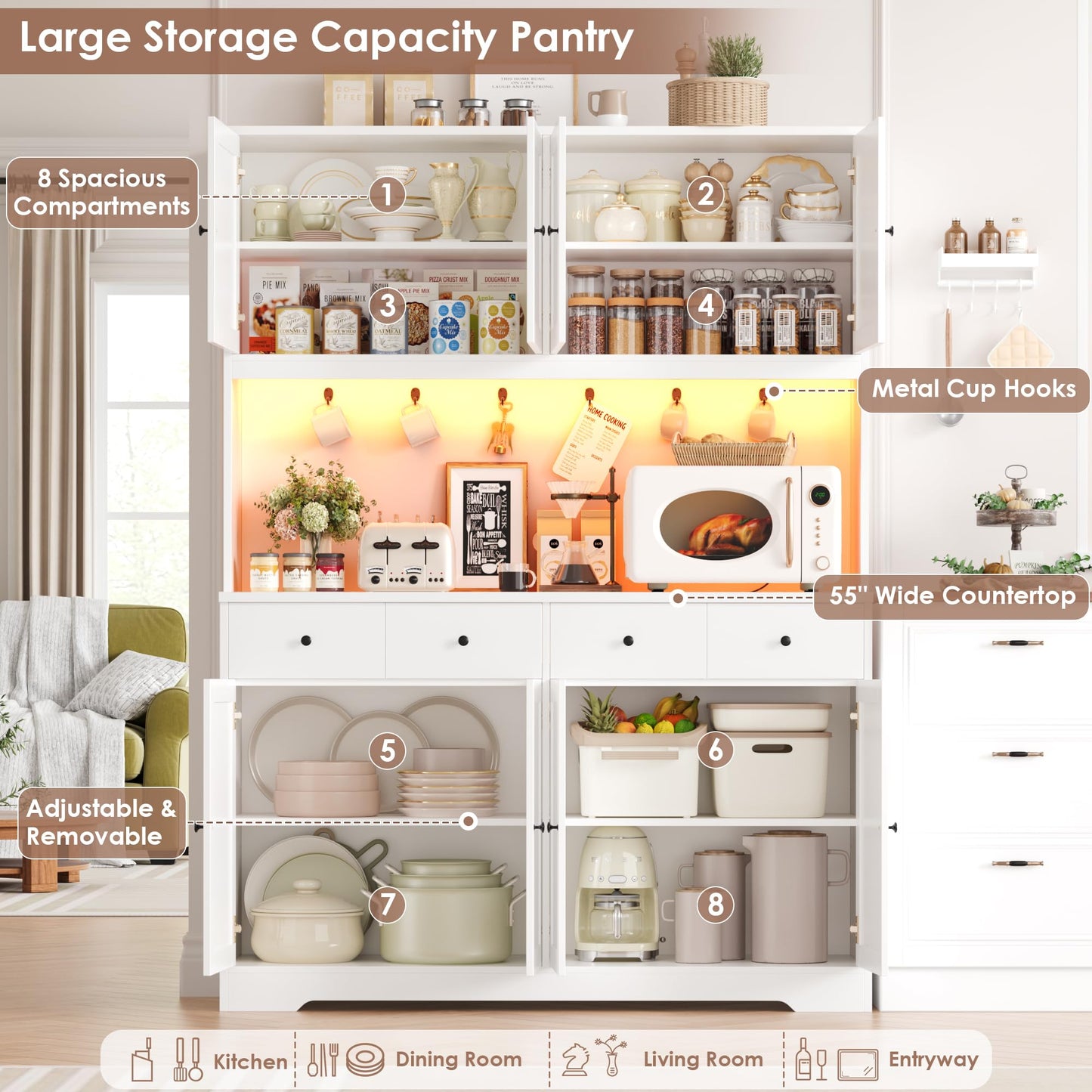 HIFIT 72" LED Kitchen Pantry Cabinet with Power Outlet & Cup Hooks, Tall Kitchen Hutch Storage Cabinets with Countertop Microwave Stand, Food Pantry Cabinet with Drawers for Dining Living Room, White