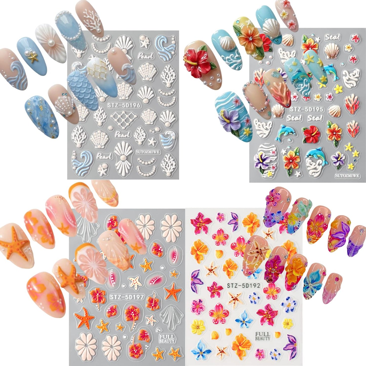 5D Embossed Nail Stickers, 6Pcs Self-Adhesive 3D Floral Nail Decals with Hibiscus, Dolphin & Starfish,Seashell, Tropical Flower Summer Ocean Nail Art Supplies DIY Manicure Nail Accessories for Women