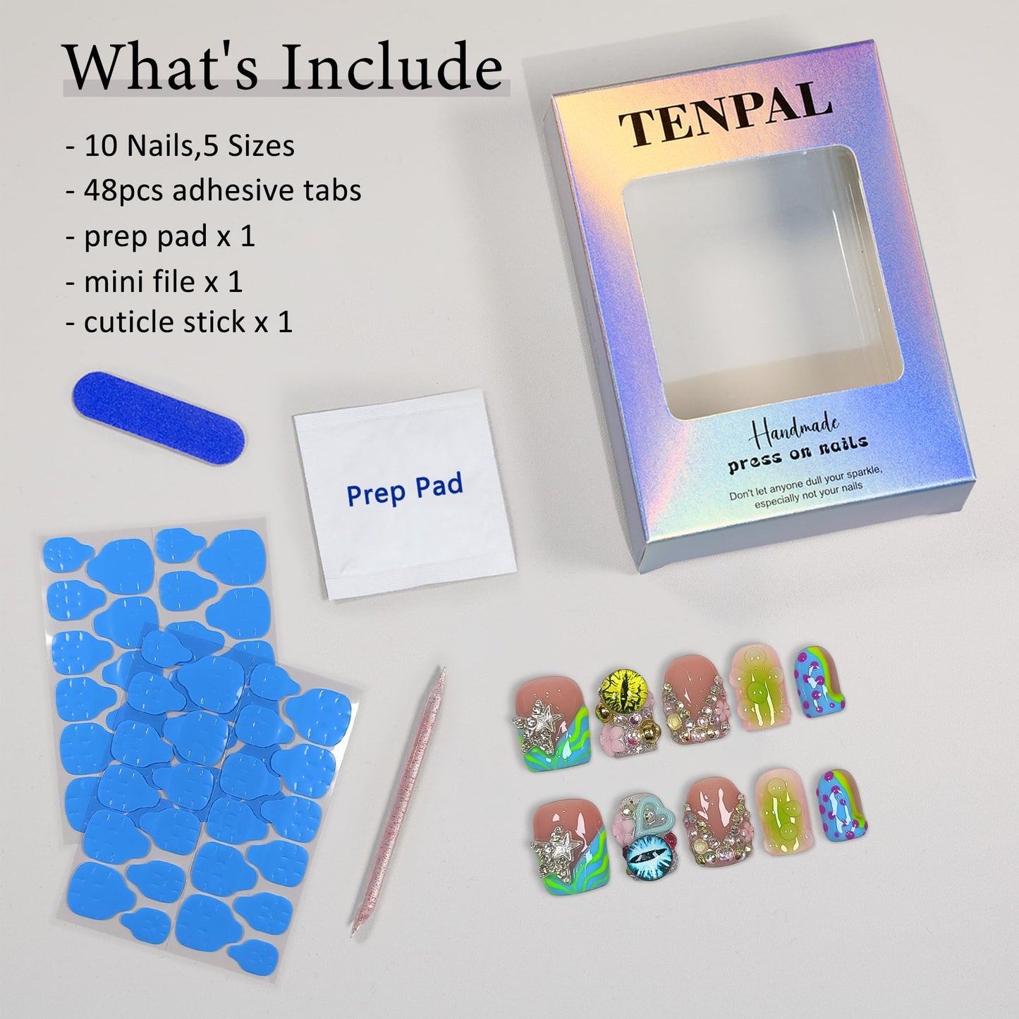 TENPAL V-Shape French Tips Square Nails,Acrylic Press on Nails with 10pcs Kit,Sweet Edgy Y2K Hand-Painted Art False Nails,Neon Yellow-Green Fake Nails with 3D Stars, Hearts, Rhinestones Flowers(L)