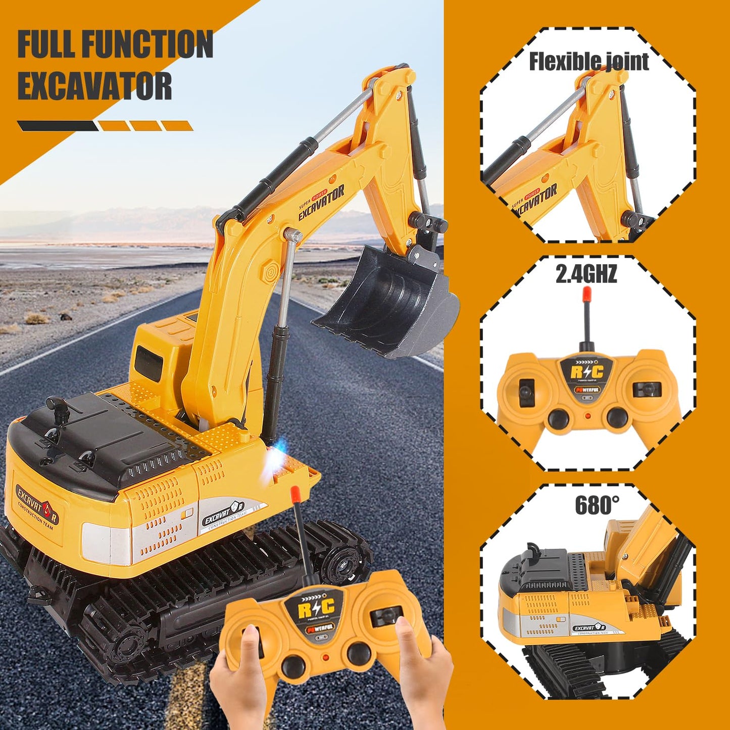 Jiakora Remote Control Excavator Toys for Boys, RC Excavator Toy for Boys 3 4 5 6 7 8 Year Old Kids Christmas Birthday Gift，RC Digger Truck Construction Vehicles with Metal Shovel & Light