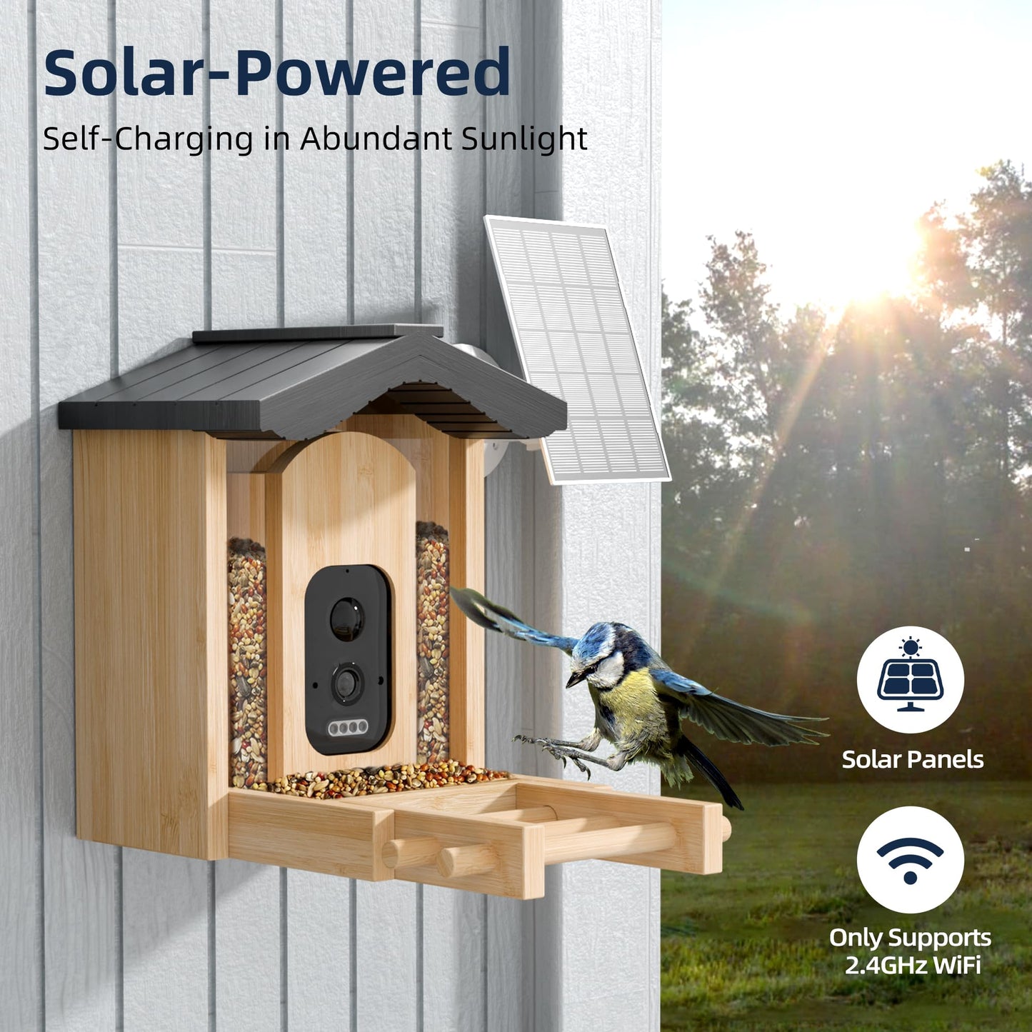 Smart Bird Feeder with Camera, Wild Bird Feeder for Outdoors Bamboo Bird House Watching Camera with AI Identify 11K+ Birds Species & Real-time Notifications, Gifts for Mom Dad Birdlovers, Gable