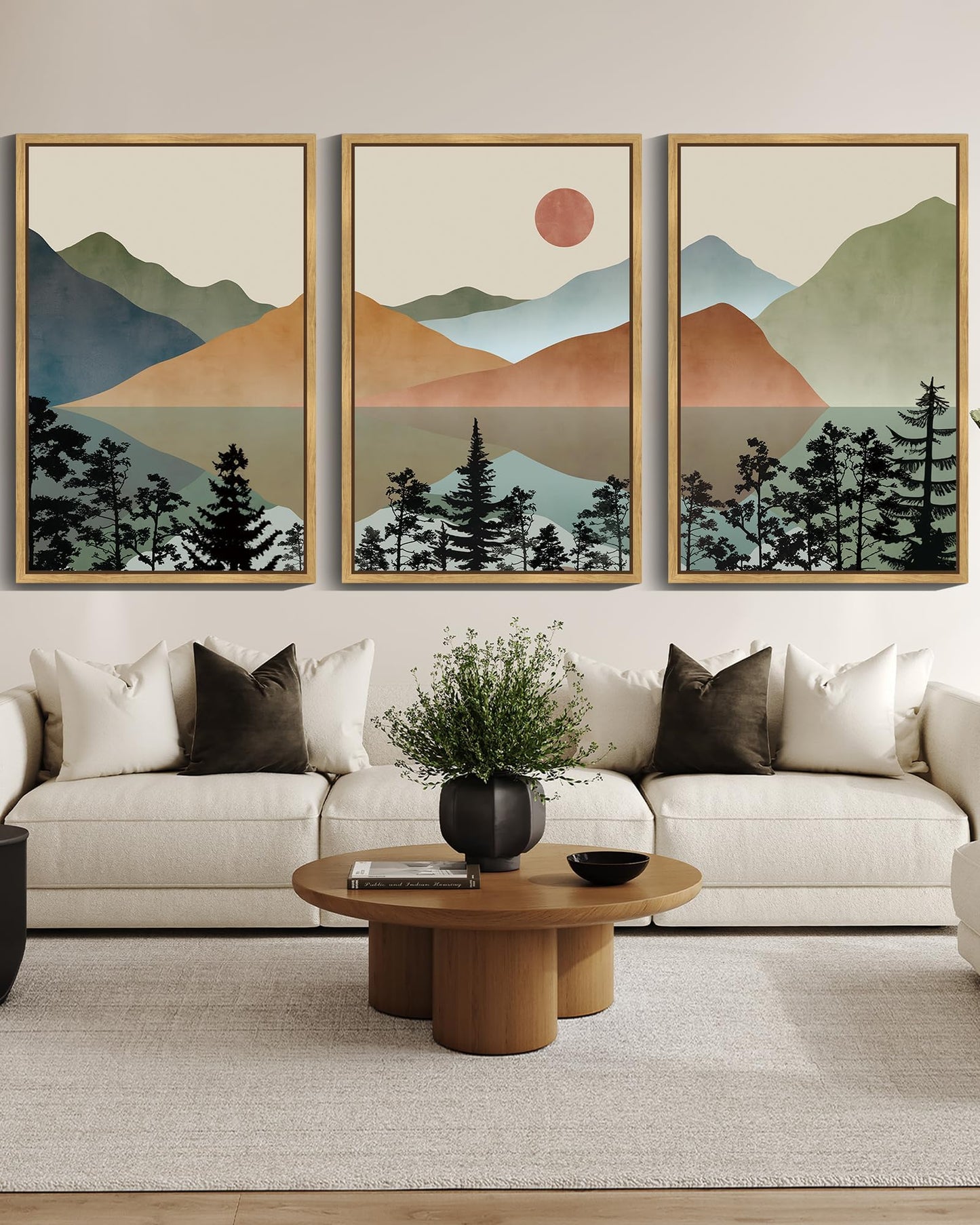 KUVIOKE Landscape Mountain Wall Art 24x 36in Large Set Lake Sunrise Pine Tree Forest Nature Scenry Wilderness Farmhouse Rustic Modern Art Decorative for Living Room Bedroom (Natural Framed)