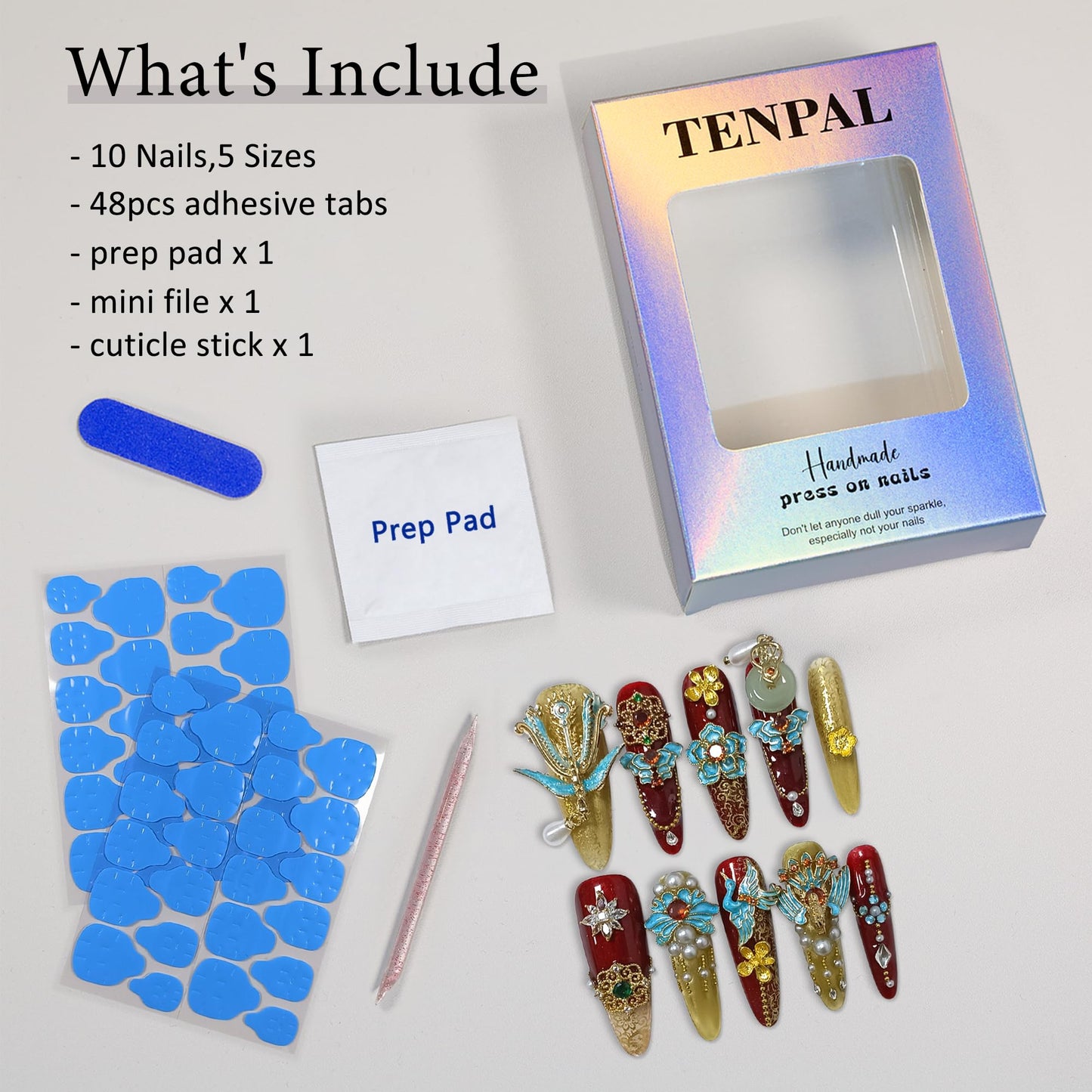 TENPAL 10Pcs Heirloom Chinese Bridal Press On Nails With Tools,Red Gold Phoenix Dragon Designs Fake Nails Long Stiletto,Full Crystals Heavy Relief Luxury Wedding Set Glue on Nails for Cheongsam(XS)