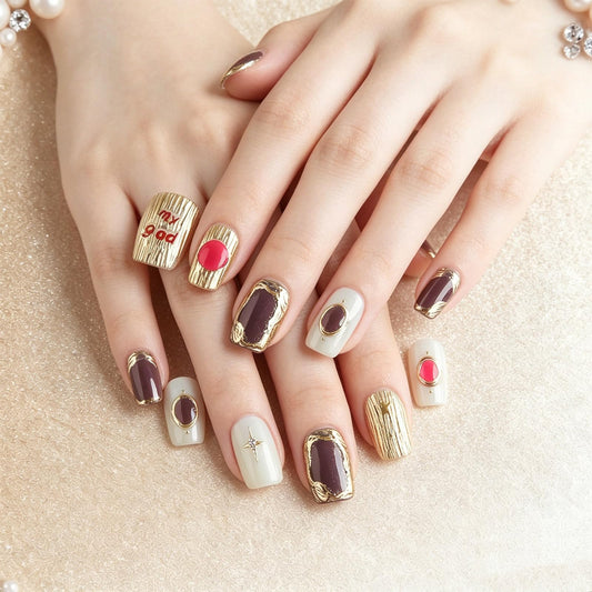 Luxury Gold Foil Press on Nails with 3D Gem Textured Design Glossy Brown Fake Nail Stars Short Square False Nails Summer Stick on Nail Starry Sky Glue on Artificial Fingernails for Women Daily Wear