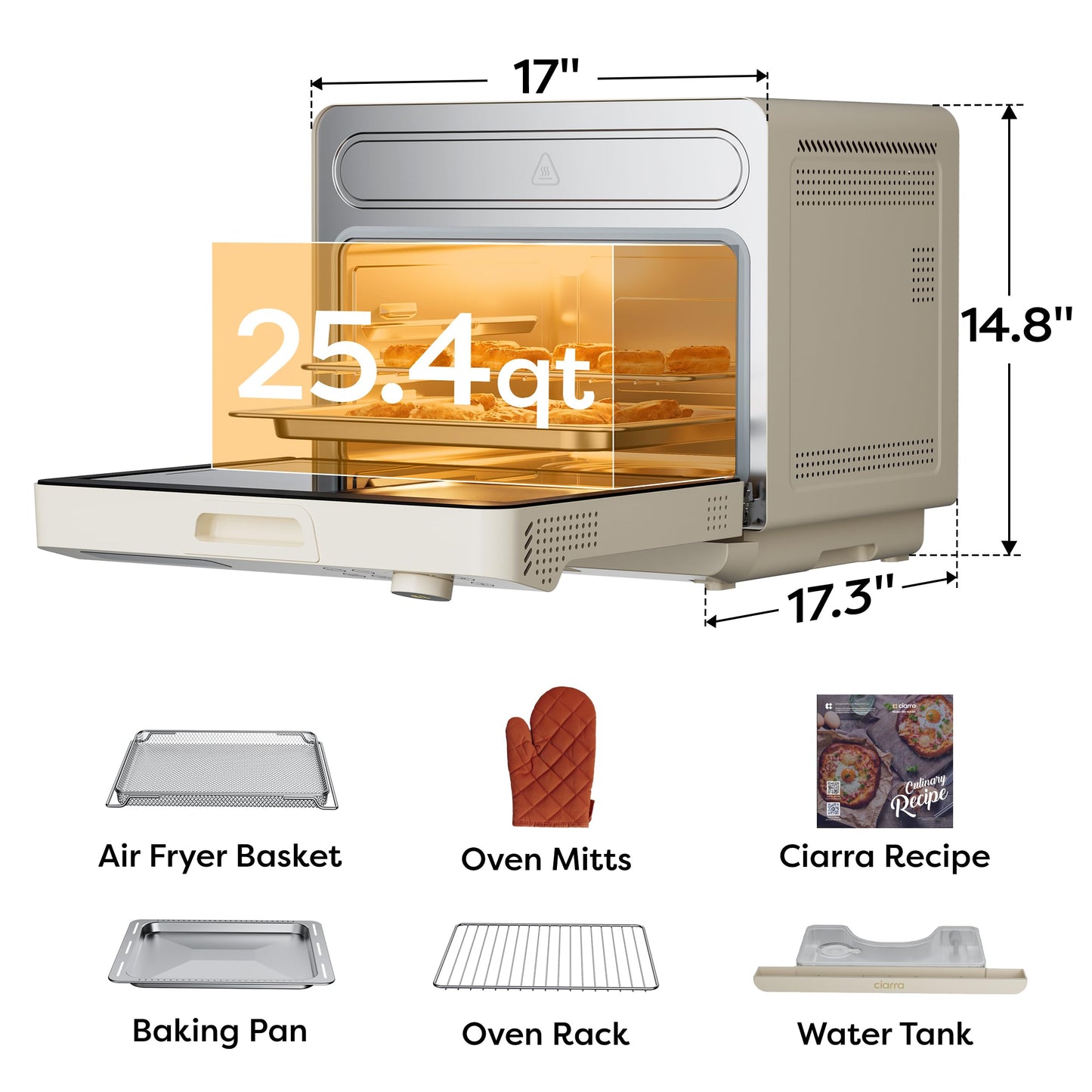 CIARRA 12-in-1 Countertop Steam Oven with Air Fryer, 25.4QT Steam Air Fryer Combo Nosh Oven Pro - Convection Toaster, Bake, Self-Clean, Dehydrate, Ferment, White