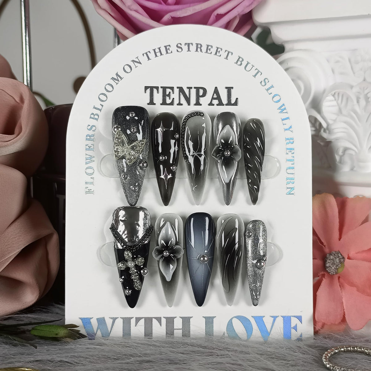 TENPAL 10Pcs Y2K Press On Nails With Tools,Handcuff Star & Skull 3D Charms Long Stiletto Fake Nails,Glossy Edgy Sweet Glitter Acrylic Glue on Nails for Concert Festival Party,Handmade Long Nails(XS)