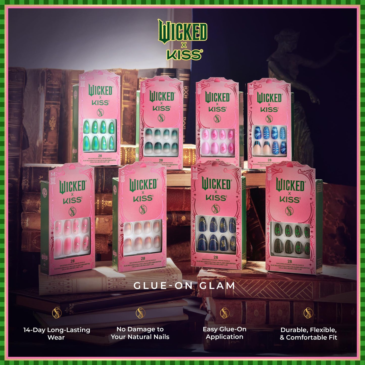WICKED X KISS Press On Nails, ‘Shiz Campus’, Blue, Medium Coffin, Waterproof, Chip Proof, Smudge Proof, 28 Fake Nails, Pink Gel Nail Glue (2g), Mini Nail File, & Manicure Stick