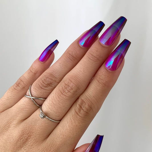 ALIEN BABE Press-On Nails by Lavaa Beauty | Blue Purple Chrome Long Coffin Nails