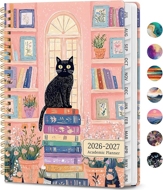 Academic Planner 2026-2027, Weekly and Monthly Calendar Book, July 2026 â June 2027, Hardcover Planner with Tabs, Perfect for Teachers, Students, Women & Men, A5 (6.4" x 8.5") - Cat