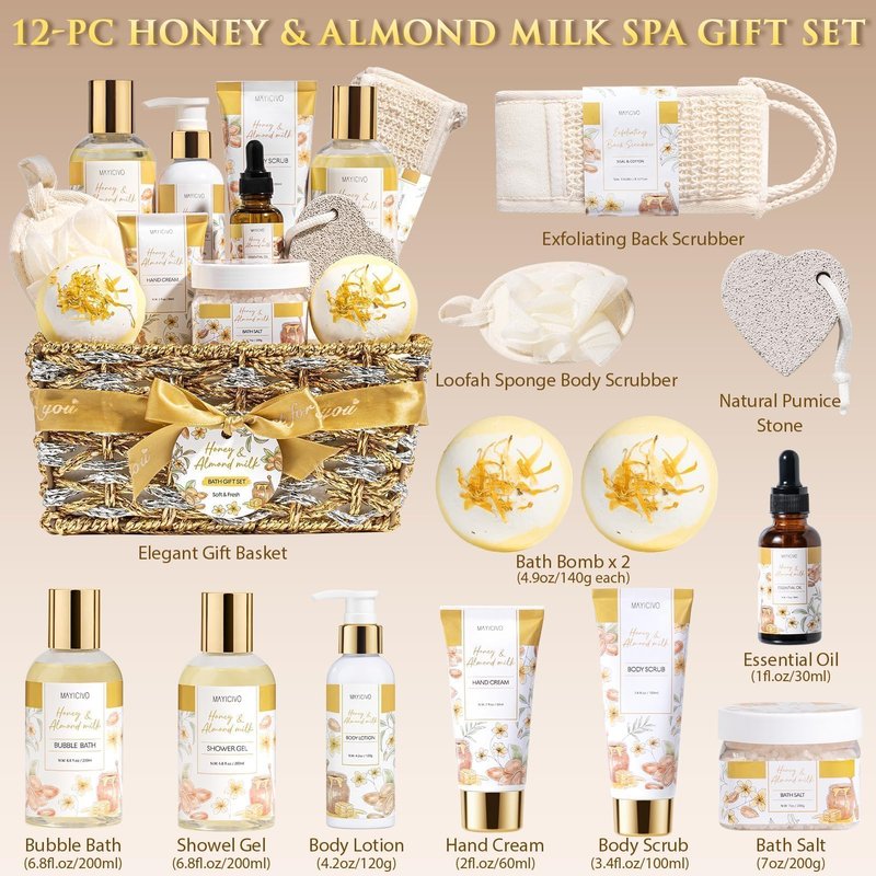 Mothers Day Birthday Gifts for Women, Honey & Almond Milk Relaxing Spa Gift Baskets for Women Self Care Package Bath Gift Set, Home Bath and Body Kit Pamper Gifts for Womens Her Mom Friends Sister