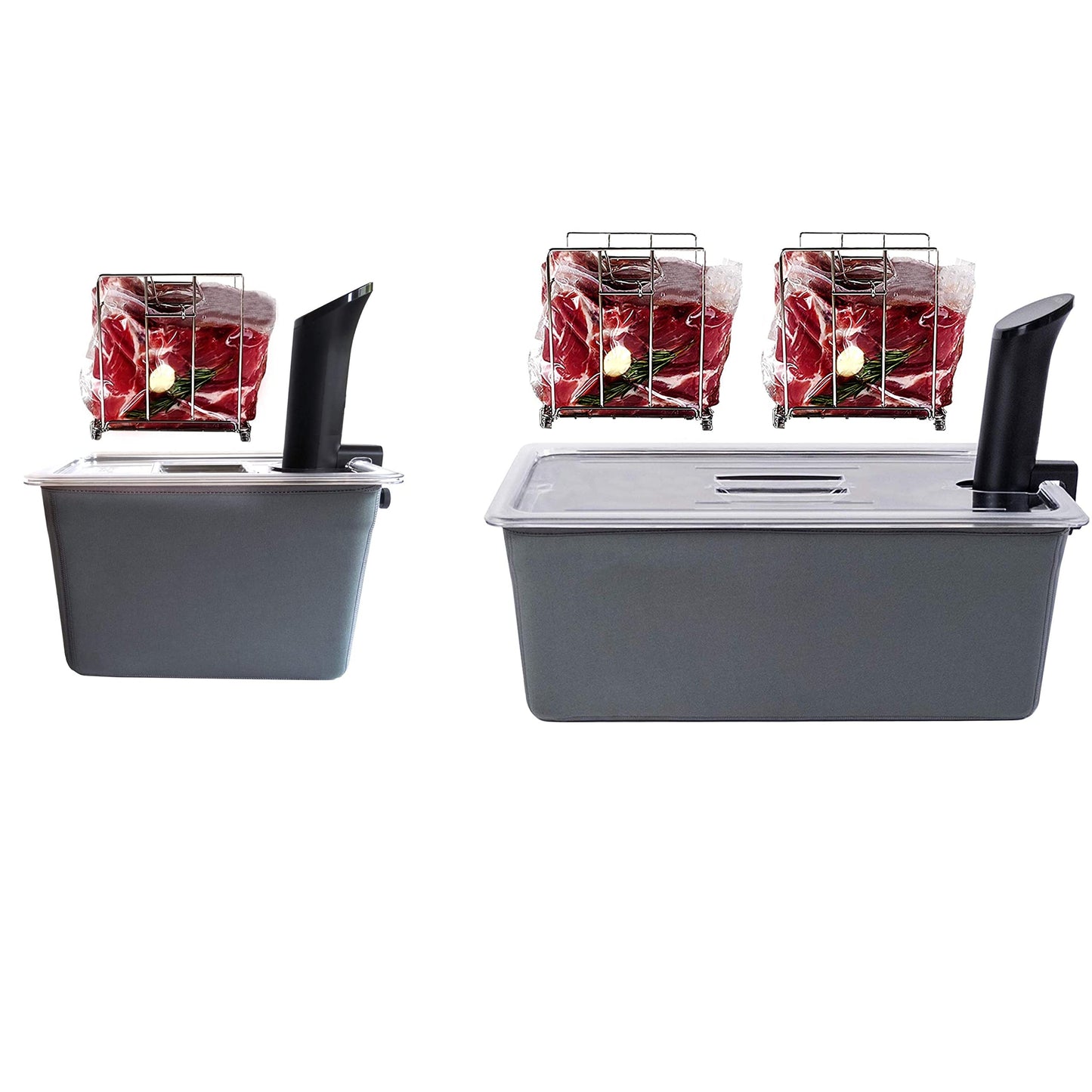 Väeske 12 + 26 QT Sous Vide Container Set with Racks, Lids & Insulating Sleeves – Complete Dual-Size Sous Vide Accessories Kit – Fits Anova, Joule, Instant Pot, Nano