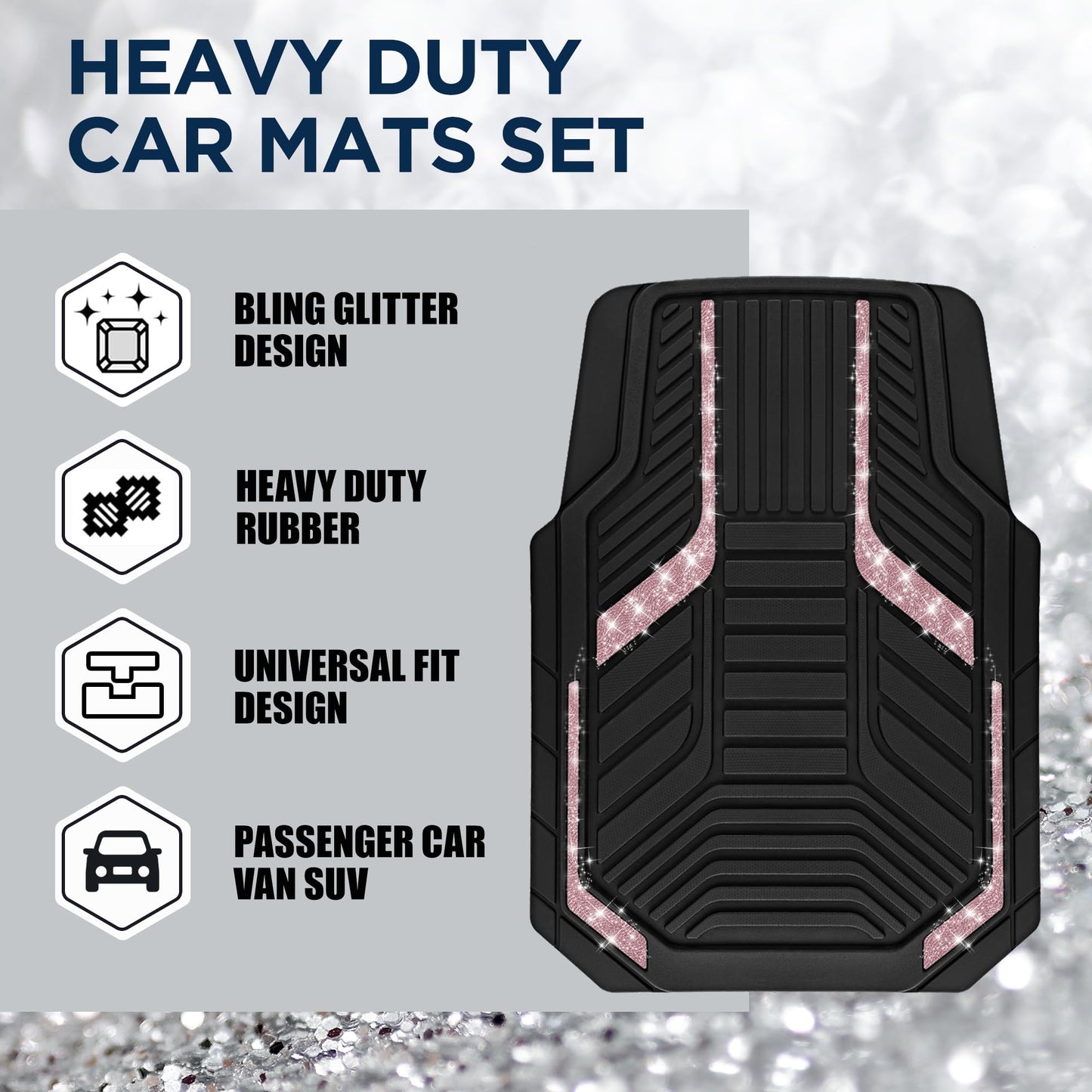 PIC AUTO Car Floor Mats, Pink Sparkly Crystal Bling Glitter Car Mats Set, Front and Rear Heavy Duty Rubber Car Mats with Anti-Slip Backing, All Weather, Trim-to-Fit for SUVs, Trucks, Sedan, Vans