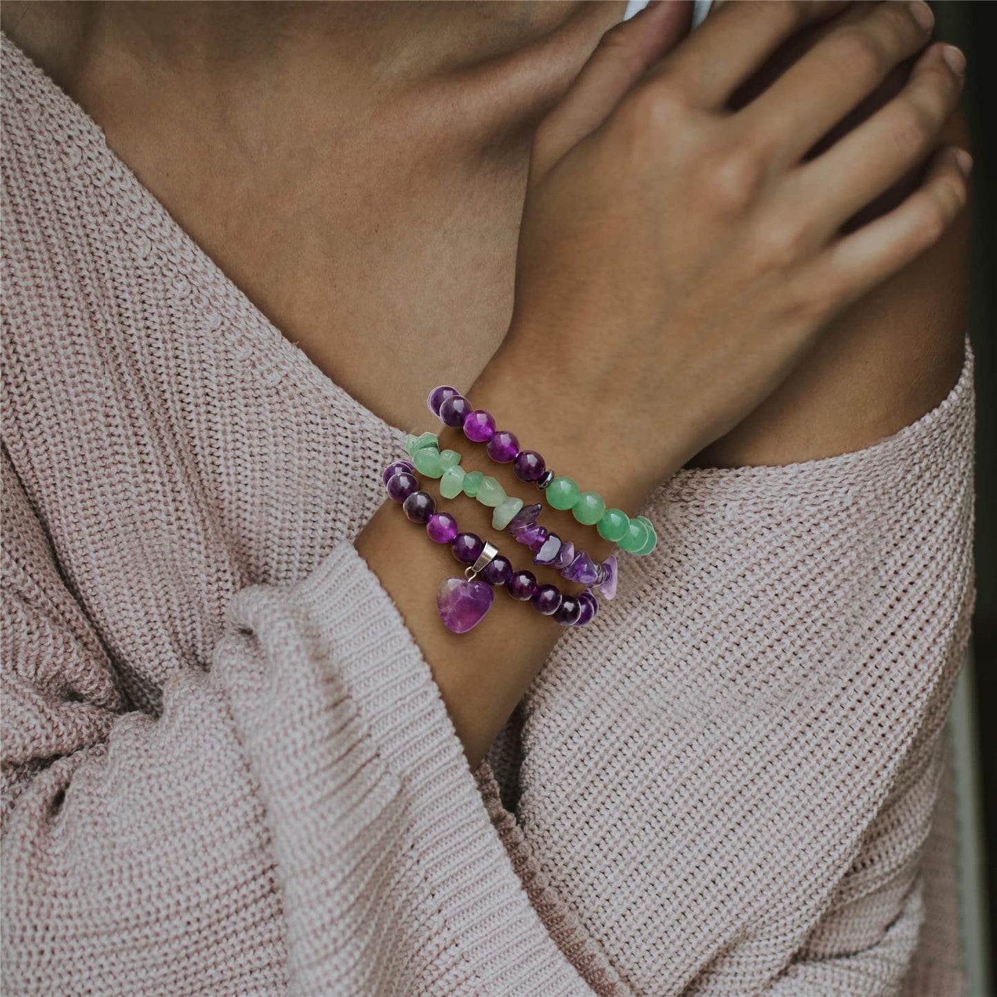 Vinswet Healing Crystal Beaded Bracelets for Women,Natural Amethyst Green Aventurine Gemstones Bracelet,Anxiety Stress Relief Heart Charm Bracelet Handmade purple Jewelry Gifts for Women (3pcs)