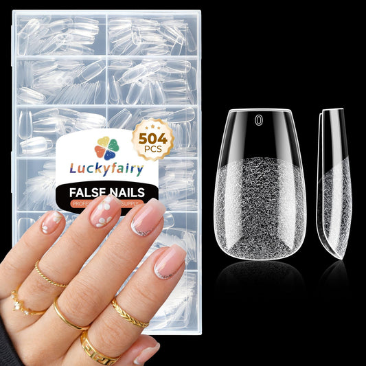 Luckyfairy Coffin Press on Nails: 504pcs Pre-etched Short Nails Clear Coffin Gel Tips for Full Cover Fake Nails French Nail Extension Salon Home DIY 12 Sizes Gelly Tips
