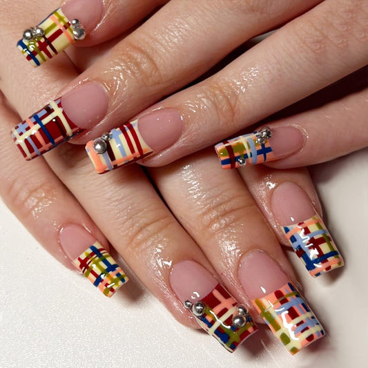 octoswave Press on Nails Medium Square French Tip Plaid Design Fake Nails with Silver Beads Glossy Stick on Nails Manicure Kit for Women Parties and Weddings 24Pcs