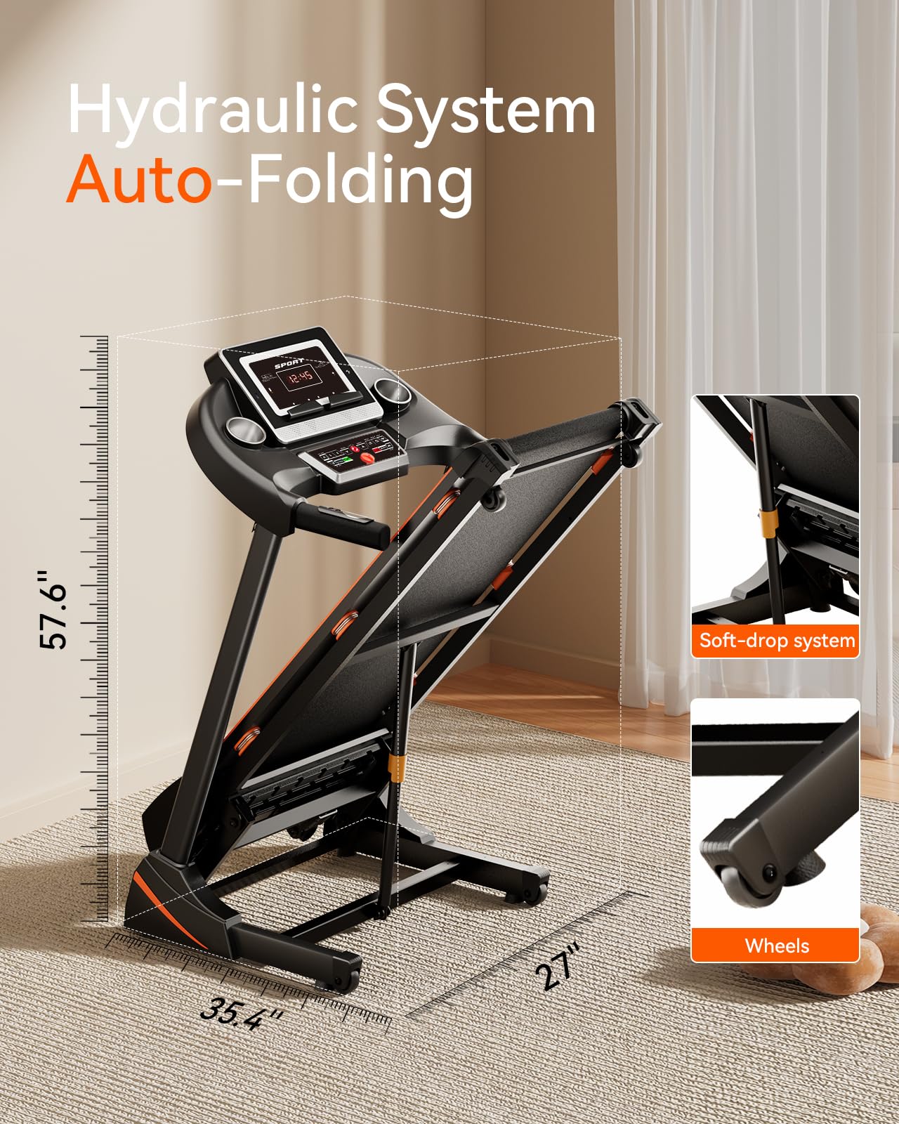 RENESTAR Treadmills for Home, Treadmill with 0-15% Auto Incline, 3HP Folding Treadmills for Running Walking with 300LBS Weight Capacity, Incline Treadmill Equipped with Bluetooth & Pulse Monitor