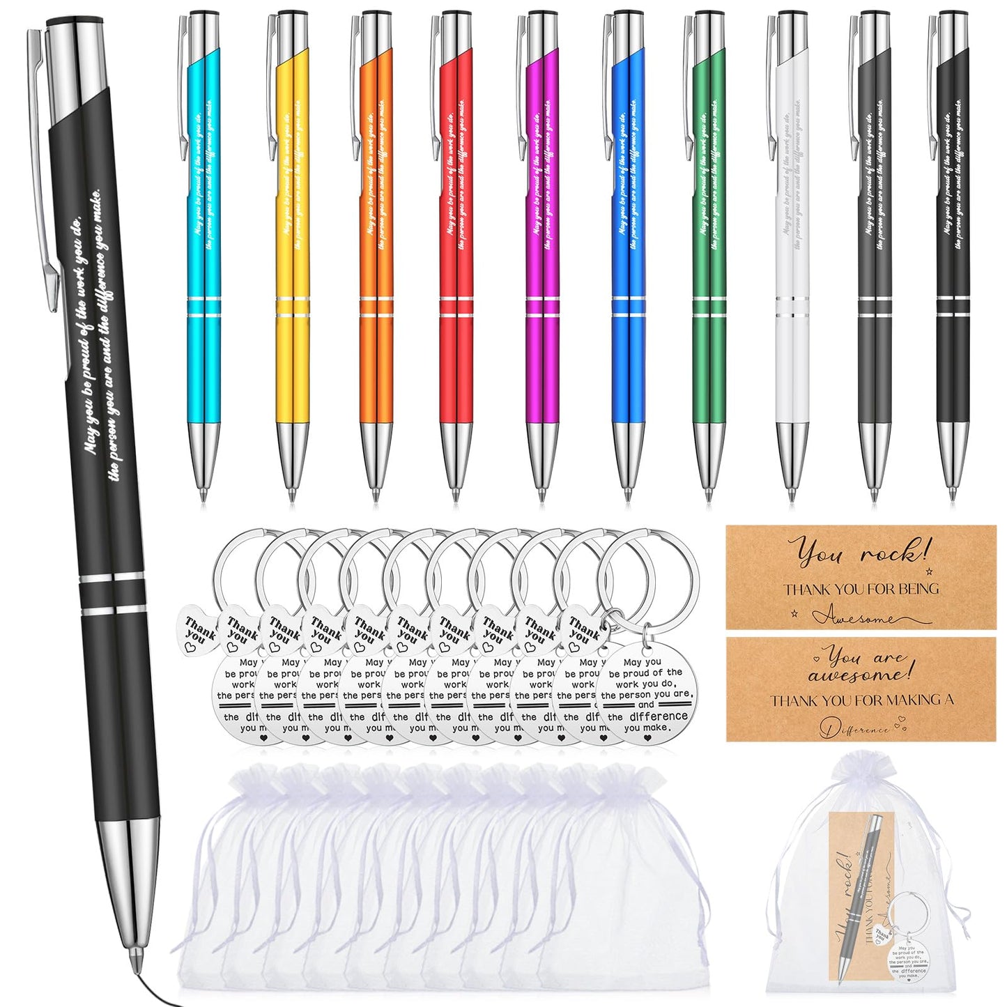Teling 10 Sets Employee Appreciation Gifts Bulk Inspirational Pens Motivational Keychains Thank You Ballpoint Pen Gifts for Coworkers Teachers Staff Christmas