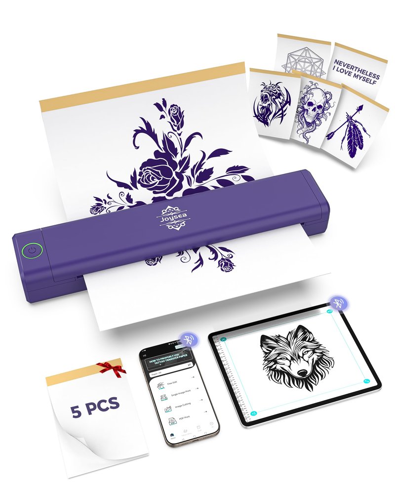 Joysea Tattoo Stencil Printer Kit with 5 Transfer Papers, Wireless Bluetooth Thermal Tattoo Machine Tattooing for Beginner & Studio, Support Android/iOS/Windows/MacOS, Easy Use APP, Inkless, Purple
