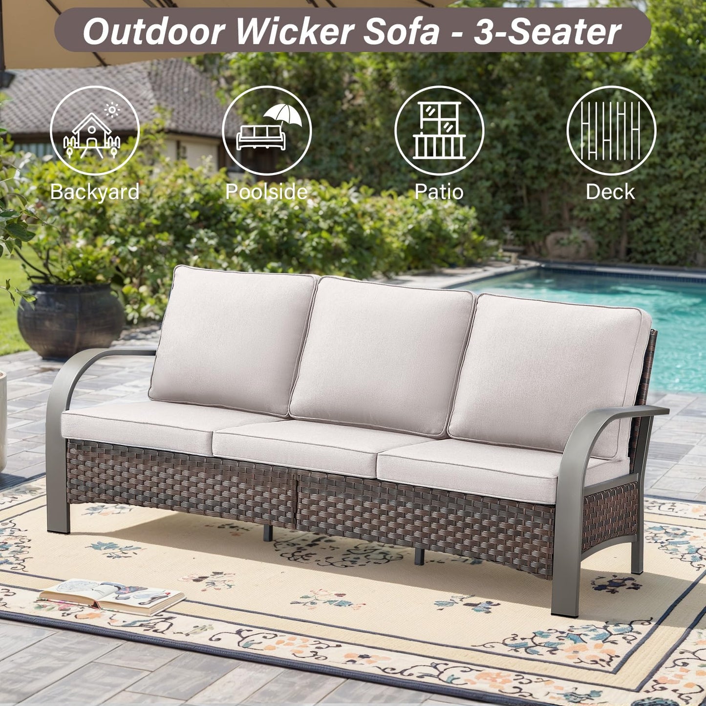 Belord 5 Piece Outdoor Wicker Furniture Set, High Back Deep Seating Patio Sofa Set with Metal Armrests Rattan Chairs, and Ottomans for Porch Deck Sunroom Backyard