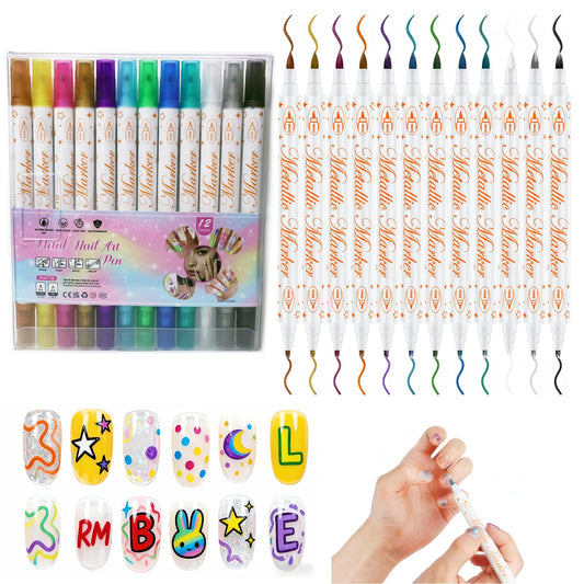 ELSAGIRL12 Colors Double-Ended Nail Polish Pens, Quick Dry 3D Acrylic Paint Markers for Nails, Fine Tip Liner Brush & Dotting Tool Set for DIY Nail Art Drawing
