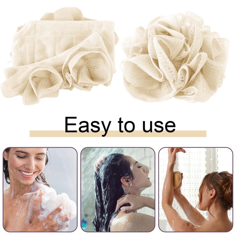 Swiffen 1 Pcs Washcloth Loofah Combo, 2 in 1 Bath Loofah Sponge with Drawstring, Exfoliation Mesh Shower Puff Ball for Body Wash Cleansing and Smooth Skin (Beige)
