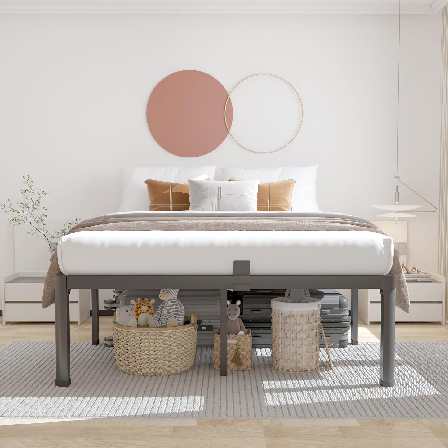 ROIL 18 Inch Queen Bed Frame with Rounded Corner and Headboard Hole Mattress Retainers 3500LBS Metal Heavy Duty Steel Slats No Box Spring Needed Platform Noise-Free Easy Assembly