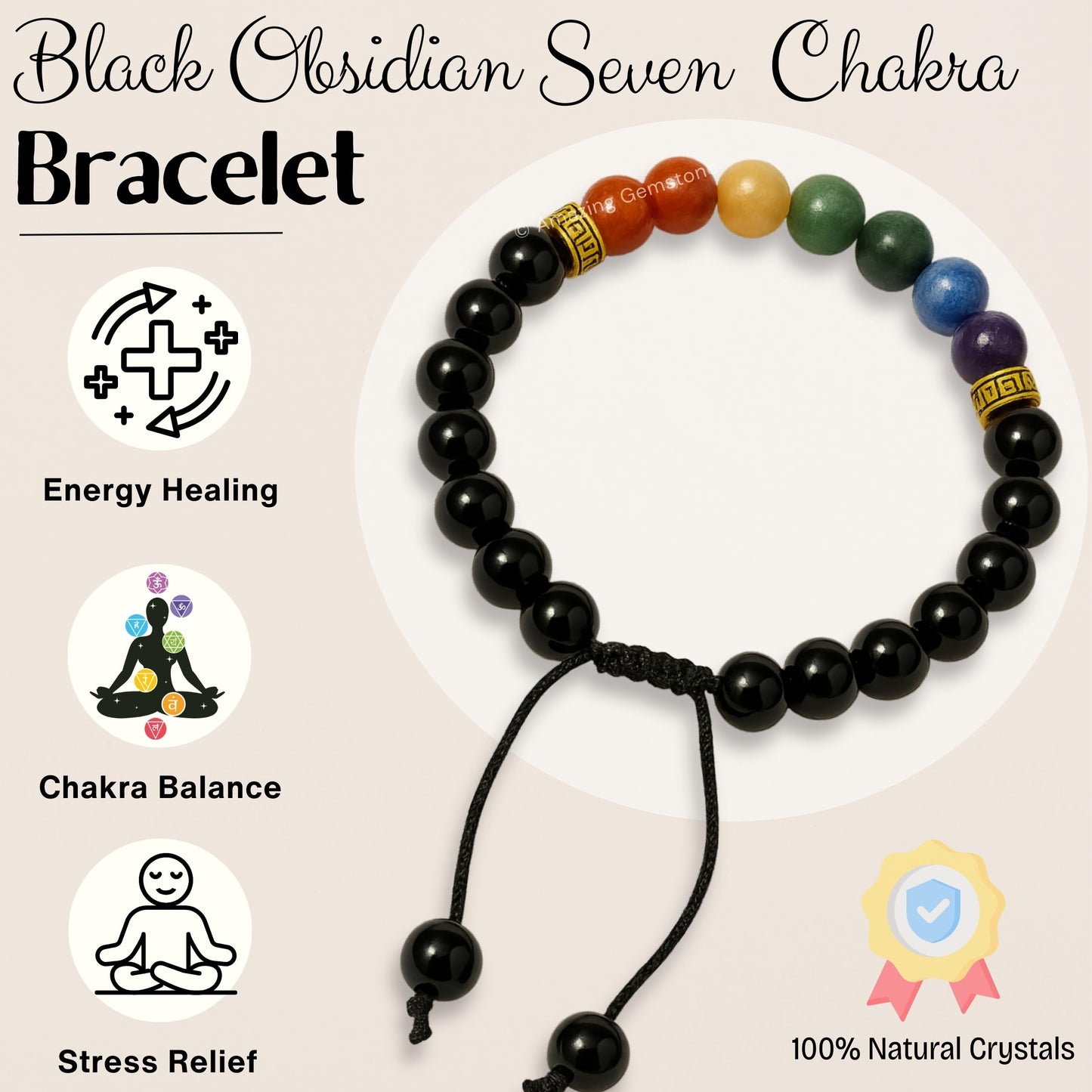 Amazing Gemstone Chakra Black Obsidian Bracelet, Gifts For Men & Women - Protection Healing Crystal Bracelet - 8mm Gemstone Beaded Adjustable Bracelet, Pulseras Para Hombres Mujer Stocking Stuffers