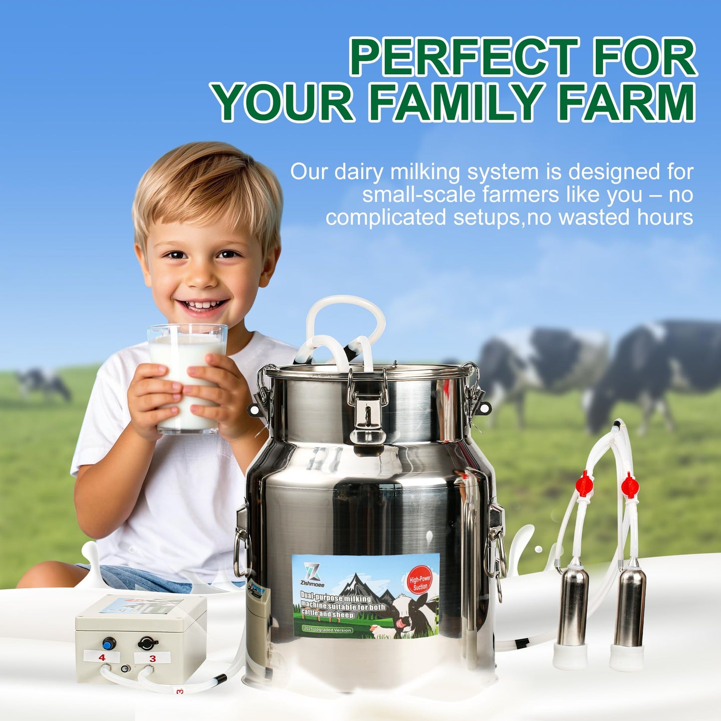 2026 Upgrade Zlshmoee 14L 2-in-1 Electric Milking Machine for Goats and Cows, Portable Milker with Built-in Rechargeable Battery, Pulsation Vacuum Pump, 4 Teat Cups, Stainless Steel Bucket