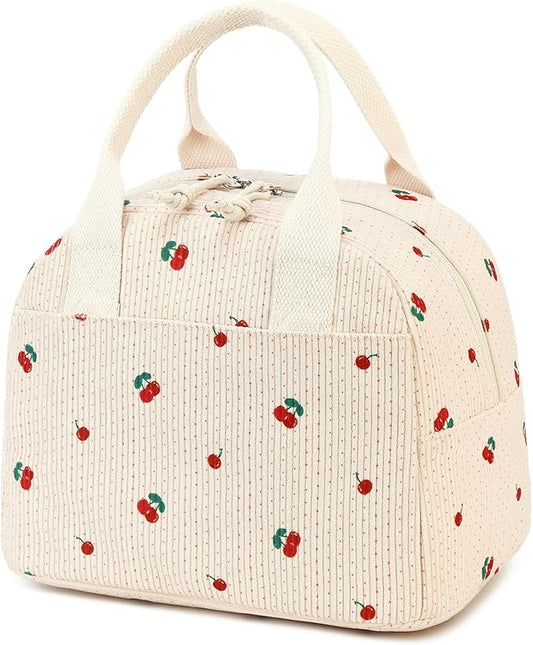 LOVELYWIND Insulated Cherry Lunch Bag for Women, Stylish Corduroy Tote with Aluminum Lining, Large Capacity Reusable Cooler for Work, Travel, Beach or Picnic, Beige Cream Water-Resistant Lunch Box