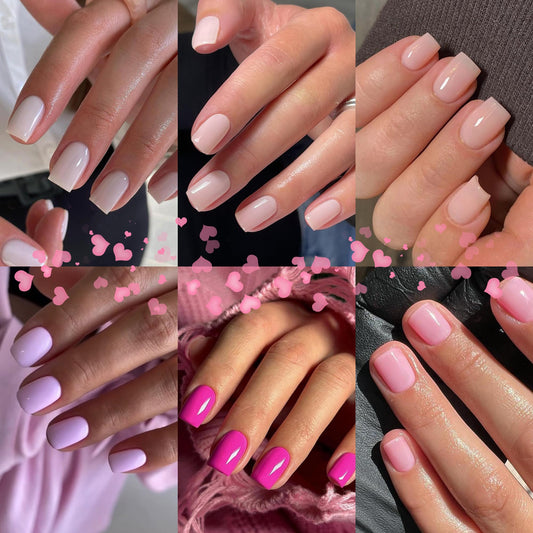 6 Pack Press On Nails Short, KQueenest Acrylic Press On Nails Square, Natural Bright Sheer Color Fake Nails Press On, Glossy Gel Glue On Nails Short Stick on Nails for Women Gift 144 Pcs