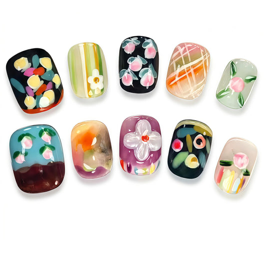 Fine Point Short Handmade Press On Nails – 10PCS Floral & Artistic Design Set, Reusable Acrylic Nail with 3D Art, Salon-Quality Nails for Weddings | Whispering Garden (Size Medium)