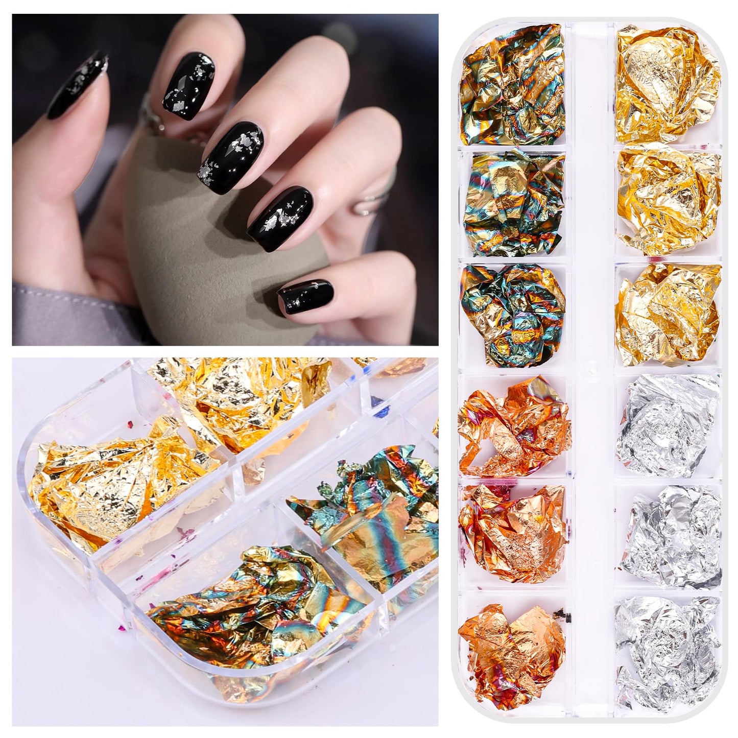 5 Boxes 60 Colors Holographic Nail Glitter Gold Foils Kit, Nail Foil Flakes Laser, 3D Irregular Thin Foil Nail Art Flakes Design Nail Sequins Supplies for Manicure Body Makeup Craft DIY