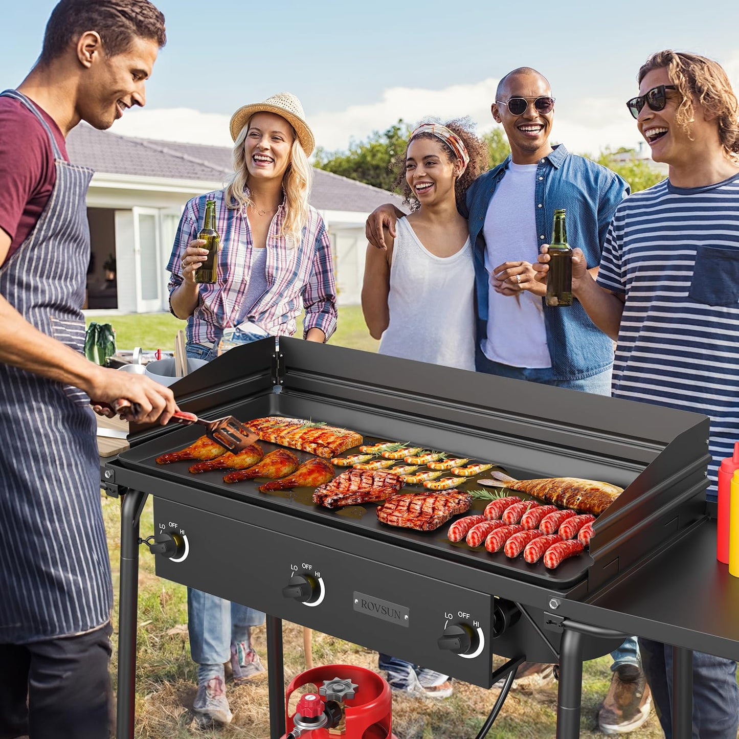 ROVSUN 3 Burner Gas Stove with 2 Side Shelves, 225,000BTU Portable Propane Stove with Removable Leg, Wind Panel, Regulator for Camping Home Backyard Outdoor Cooking Brewing Canning Turkey Frying