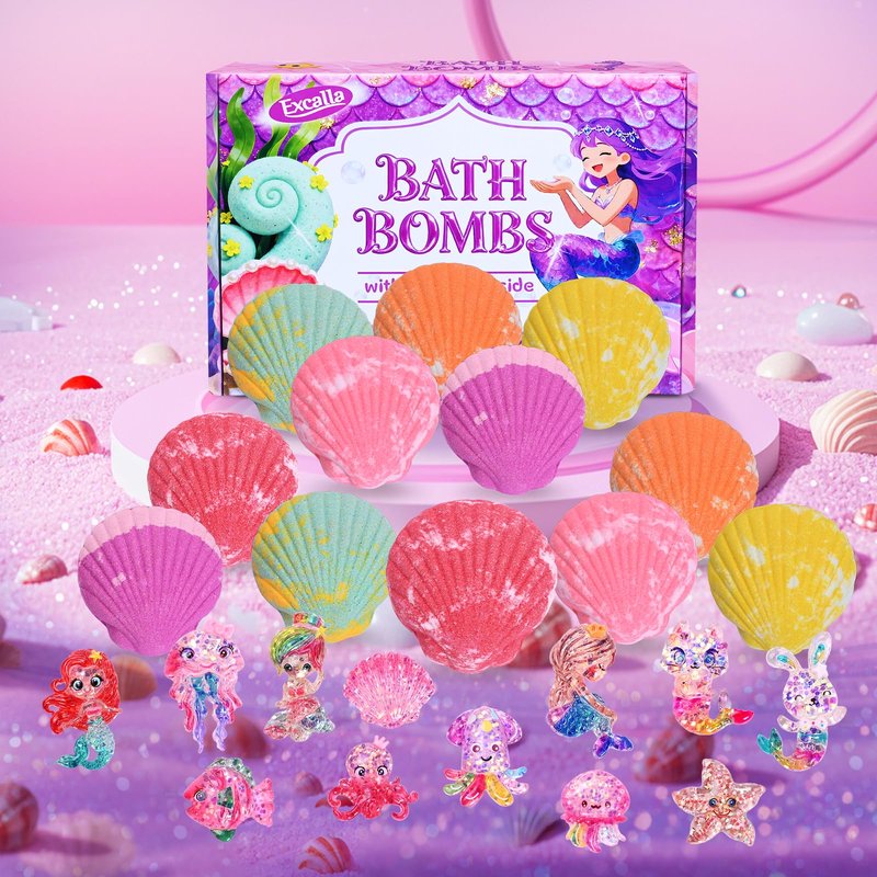 Bath Bombs for Kids with Surprise Toys Inside, 12 Pcs Kids Bath Bombs Gifts for Birthday Christmas Easter Party Favor, Handmade Shell Bubble Bath Kit with Mermaid Toys for 4 5 6 7 8 Year Old Girls