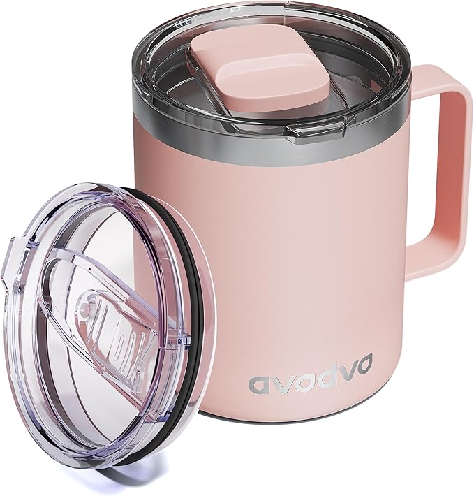 12oz Insulated Coffee Mug with Lid â Includes Two Lids, Stainless Steel Coffee Travel Mug with Handle, Double Wall Vacuum Insulated Camping Mug for Home, Office & Outdoor, Light Pink