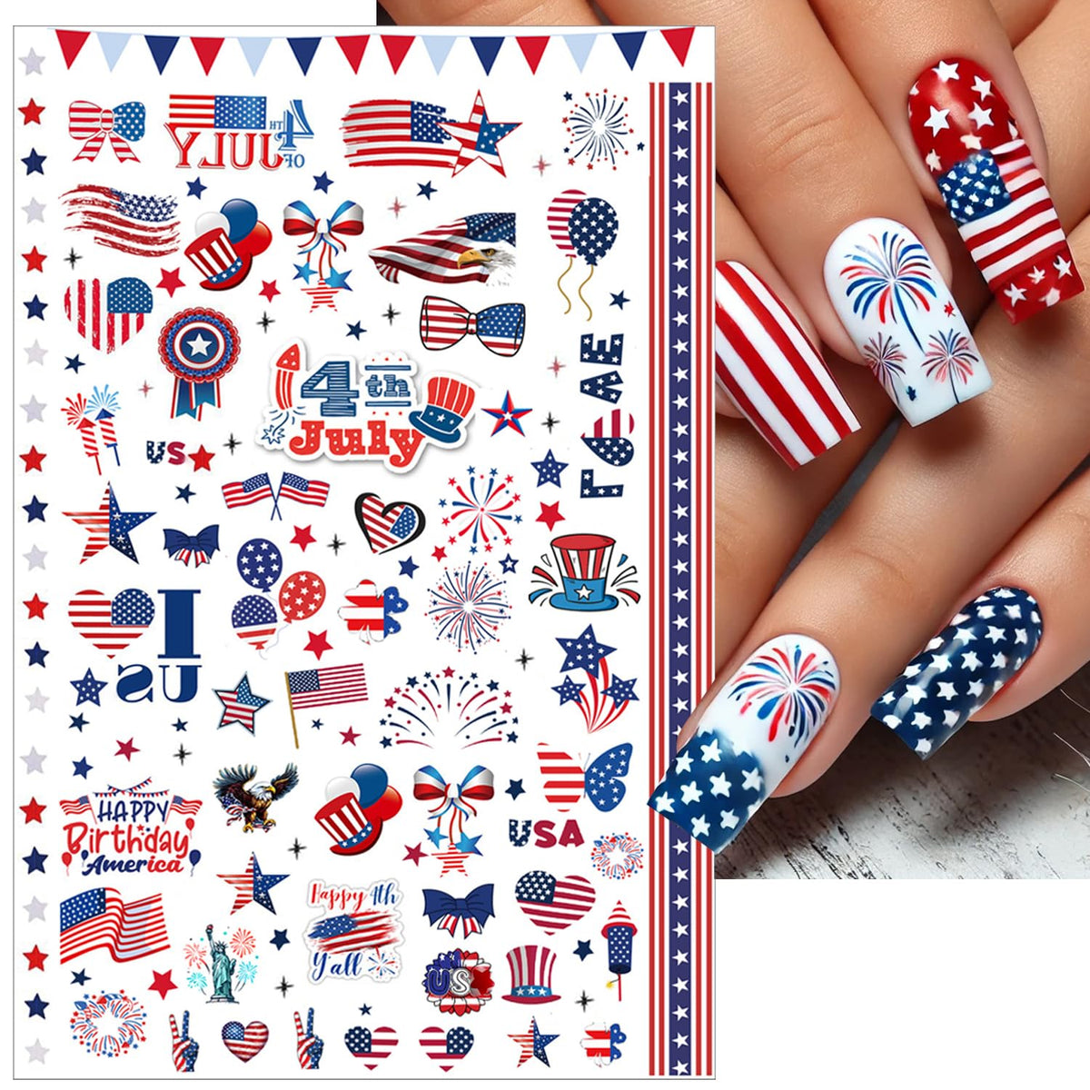 6pcs 4th of July Nail Stickers 3D Nail Decals Independence Day Nail Art Sticker for USA Flags Heart Star Stripe Letters Fireworks Nails Design Adhesive Sticker Patriotic Manicure Decorations for Women