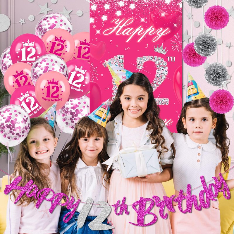 TSVATE 12th Birthday Decorations for Girls, Daughter, Pink 12 Year Old Girl Birthday Decorations, Happy 12th Birthday Banner, Backdrop, Yard, Door, Wall, Number 12 Balloon, Pompoms, Star Garland