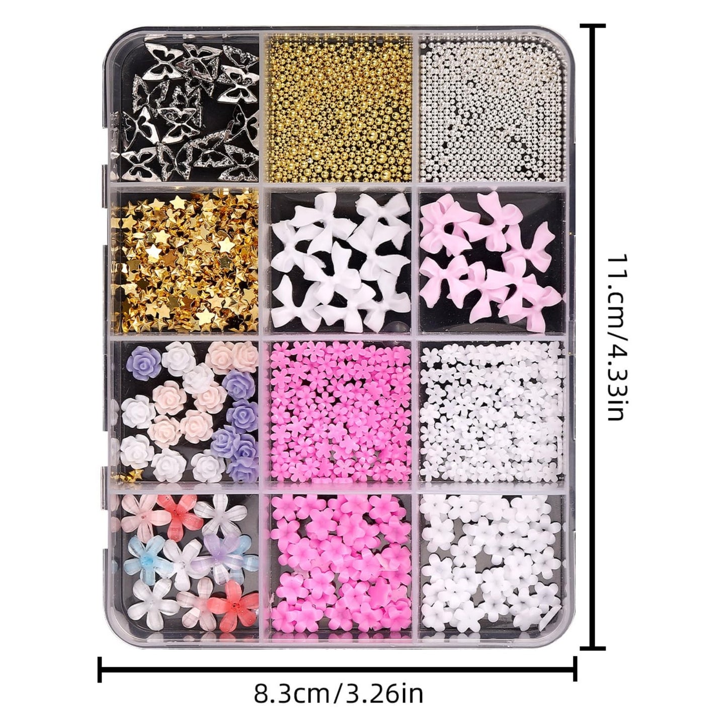 Flower Petal Nail Charms 3D Resin Pink Bow Nail Gems Cute Silver Gold Beads Nail Jewels Shiny Laser Pearl Rhinestones Nail Art Supplies for Women DIY Acrylic Nail 12 Grids 1 Box 12 Styles