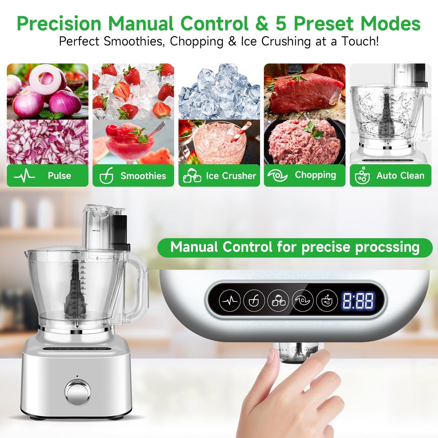 Homtone 16 Cup Food Processor, Large 11-in-1 Heavy Duty Food Processors and Blender Combo- 5 Preset Modes for Chopping,Shredding, Slicing, Kneading, Blending, Stepless Speed Control, 650W, Silver