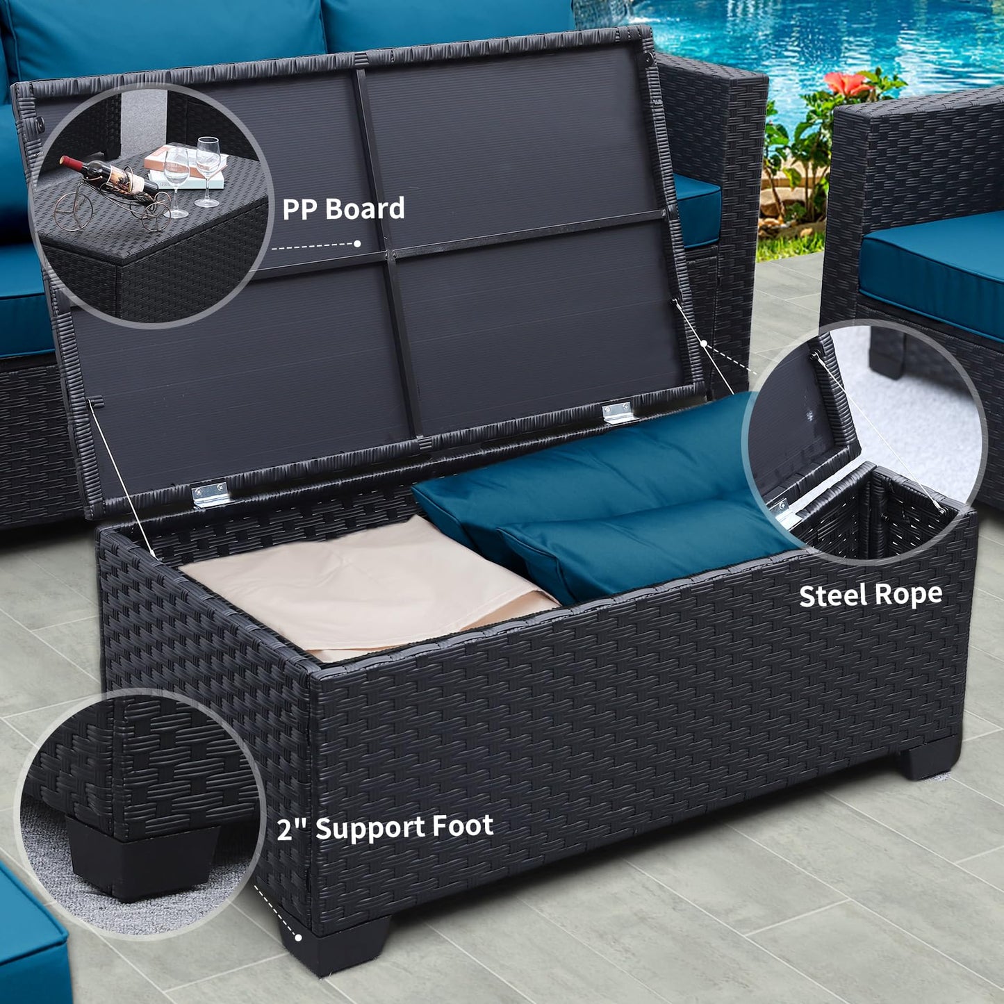 Rattaner Patio Furniture Set 5 Pieces Outdoor Furniture Sets Patio Couch Outdoor Chairs Coffee Table Peacock Blue Anti-Slip Cushions and Waterproof Covers
