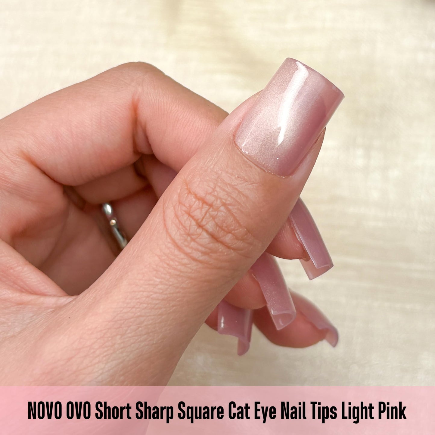 NOVO OVO Short Square Nail Tips 150Pcs Cat Eye, Light Pink Sharp Square Gel X Nail Tips, Glossy Finished with Top Coat, Full Cover Fake Nails No C Curve for Home DIY Typing Scenario, 15 Sizes