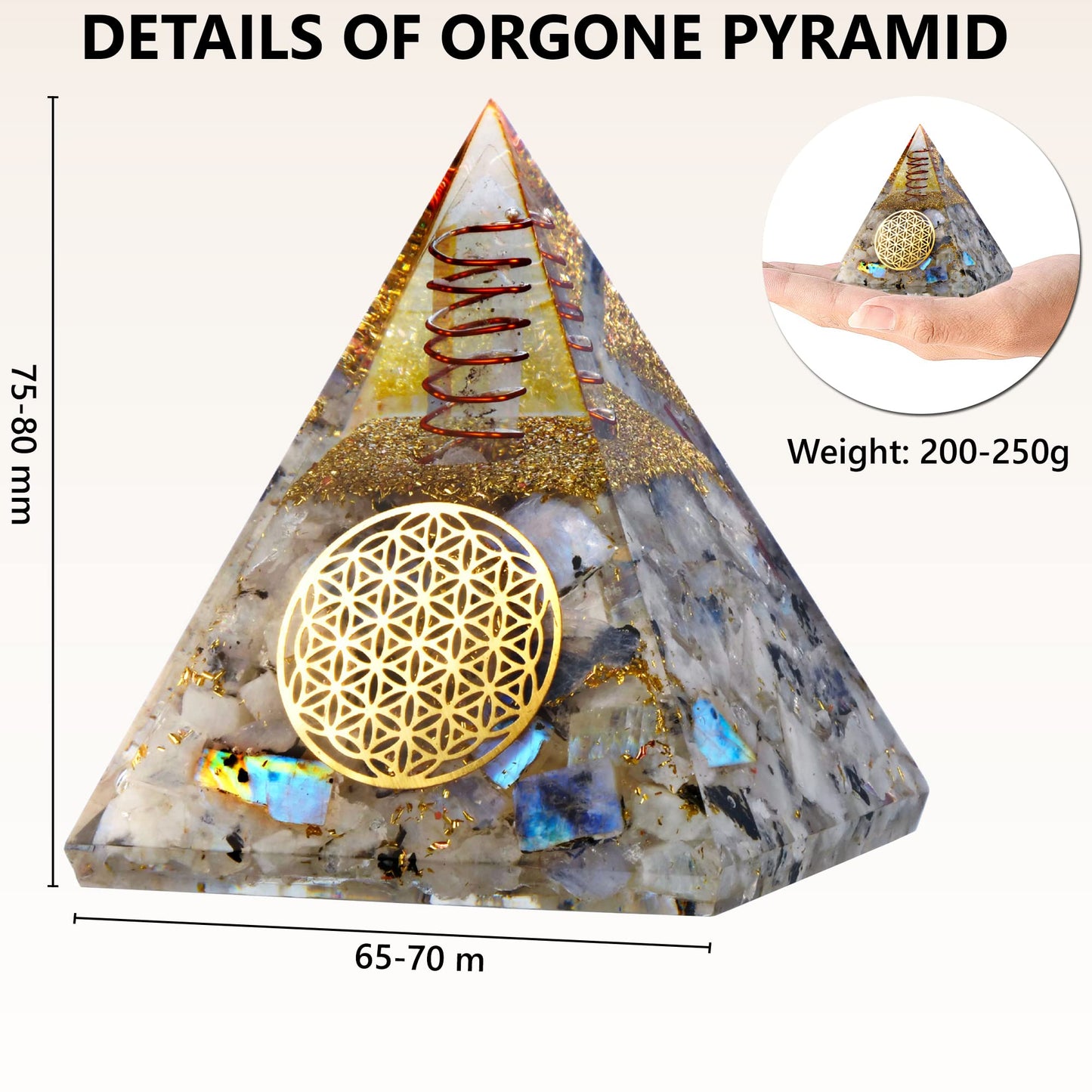 Anaya Agate Moonstone Orgone Pyramid, Rainbow Moonstone Crystal Pyramid, Orgonite Pyramid for Protection, Spiritual Crystals and Healing Stones, Meditation Pyramid for Stress Relief, Luck, Wealth