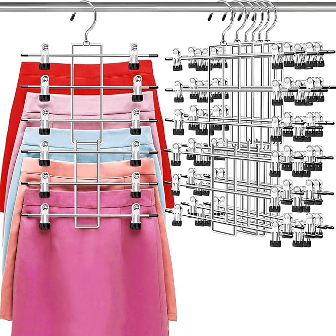 Pants Hangers with Clips,Space Saving Hanging Closet Organizer-6 Tiers Skirt Hangers with 360Â° Swivel Hook,Closet Organizer-Clothes Hangers- College Dorm Essentials Apartment Essentials- 6 Pack