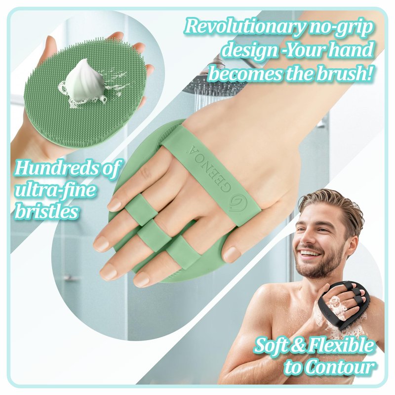 GEENOA Silicone Back Scrubber & Soft Bath Glove 2PCS, 16''- 21''Extendable Back Scrubber with Dual-Side Large Head, 360° Anti-Slip Hand-fit Silicone Body Scrubber for Rich Foaming Deep Cleaning(Green)