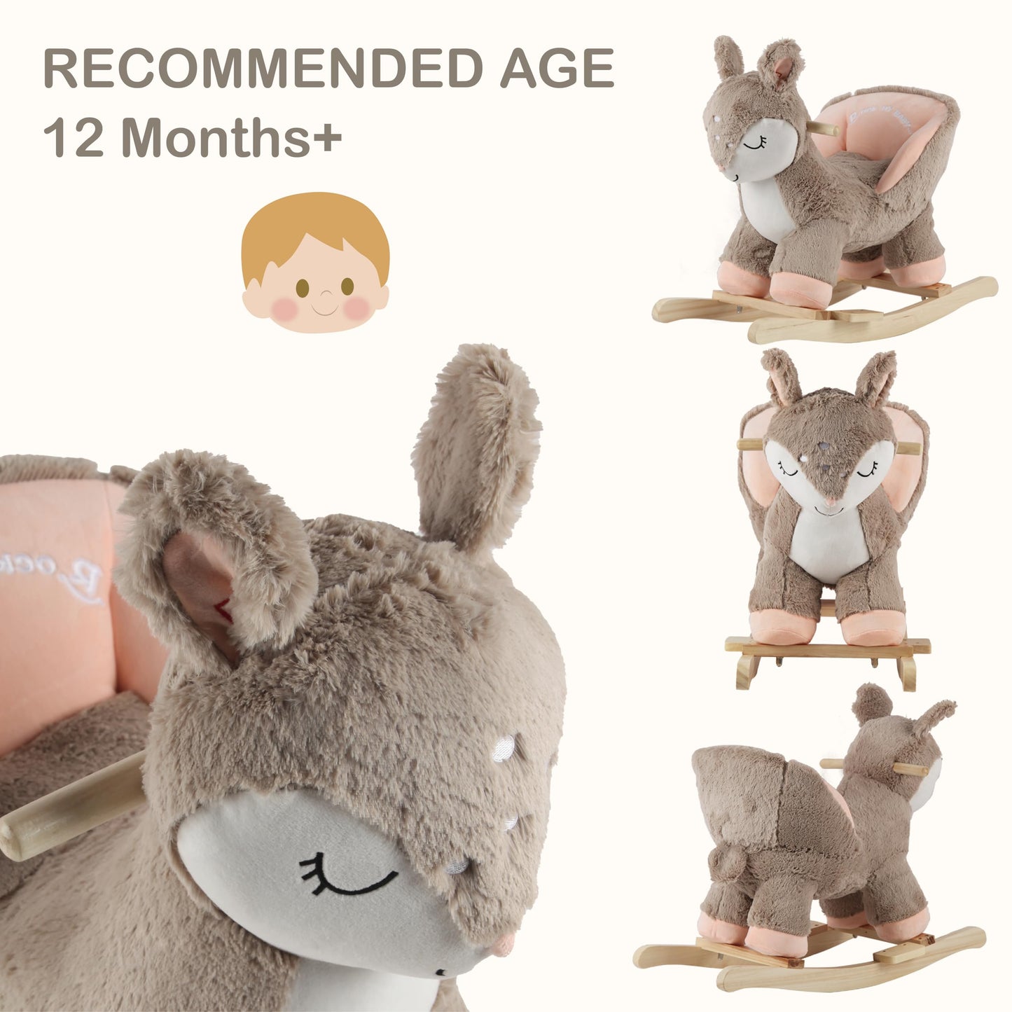 Rock My Baby Rocking Horse Deer with Chair, Plush Stuffed Animal Rocker for Toddlers 1-3, Baby Rocker with Sweet Music, Animal Ride on,Pink Deer,CPC Certified