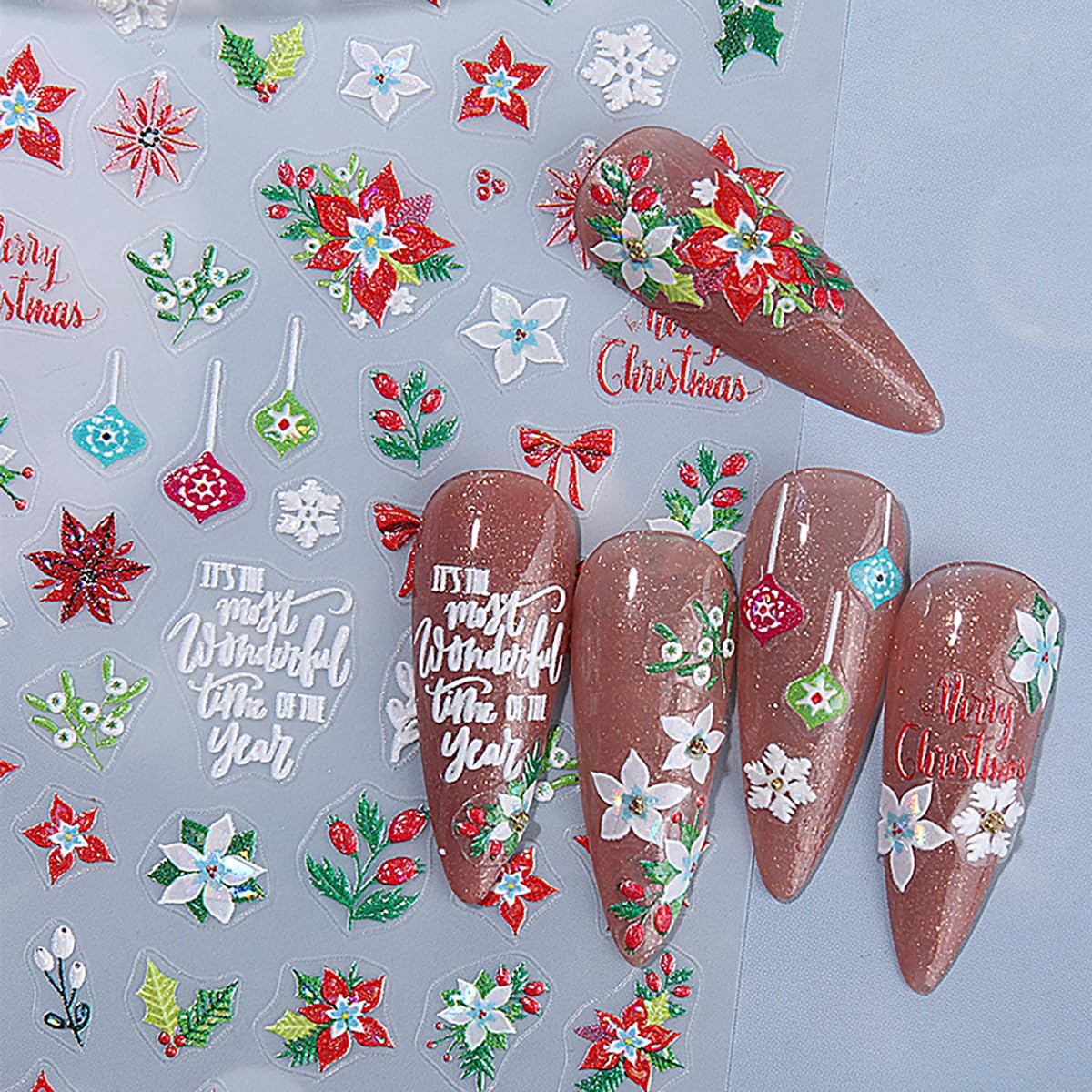 2 Sheets Christmas Nail Stickers for Nail Art 5D Embossed Flower Nail Art Stickers with Snowflake Bow Cherry Leaf Design Winter Nail Decals Nail Art Supplies for Women Acrylic Manicure Decorations