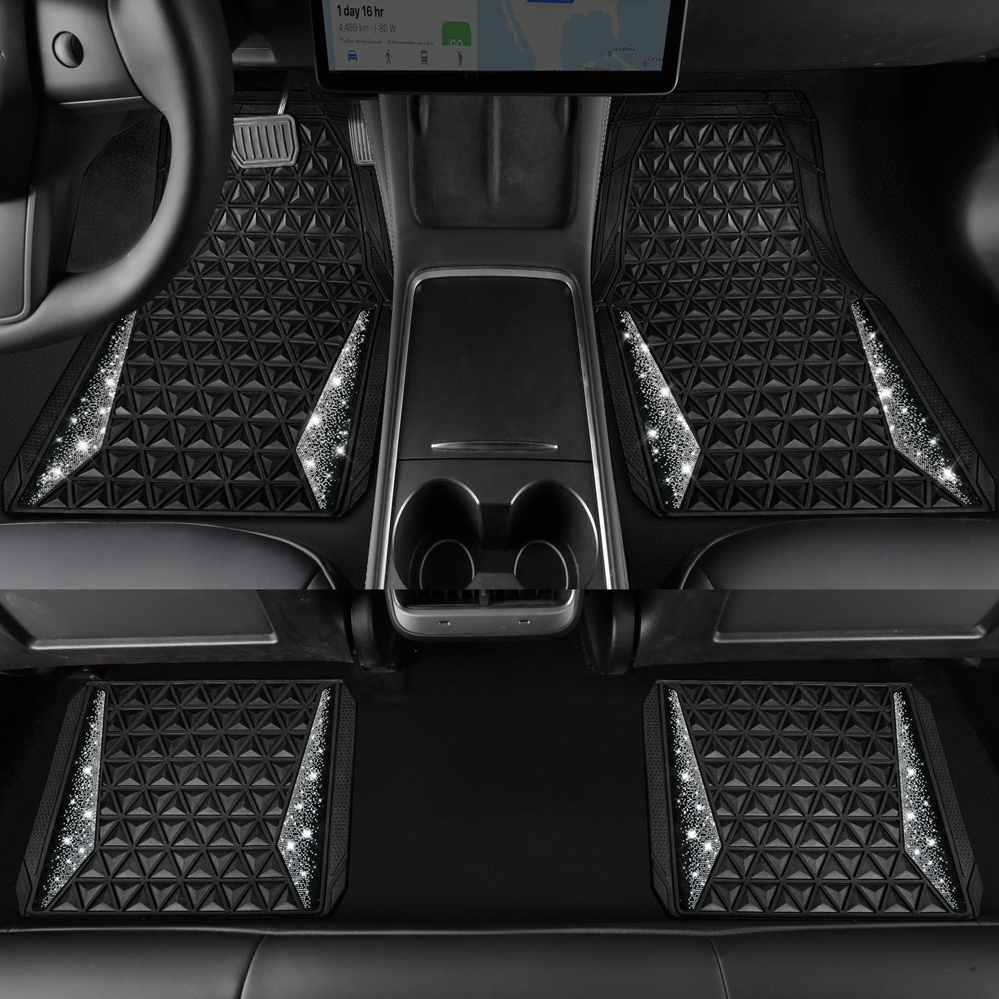 CAR PASS Bling Diamond Car Mats Rubber Floor Mats Full Set Anti-Slip 3D Rhombus Waterproof Trim to Fit Liner Universal Glitter Crystal Sparkly Shining Rhinestone Girl Women SUV Sedan Van, Black Silver