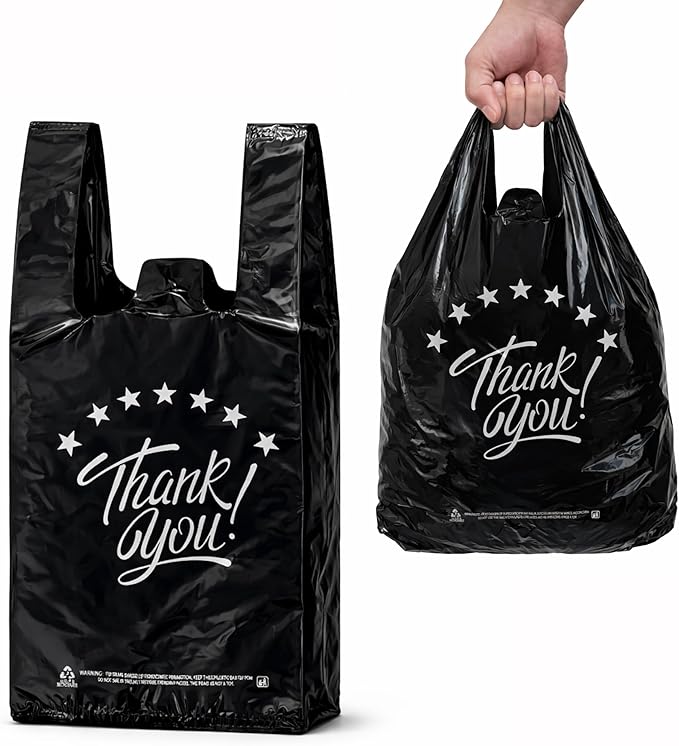 YoYoRain Black Thank you T shirt bag, Grocery shopping bag Reusable and Disposable Supermarket Bag 11''x6''x21'' 200PCS