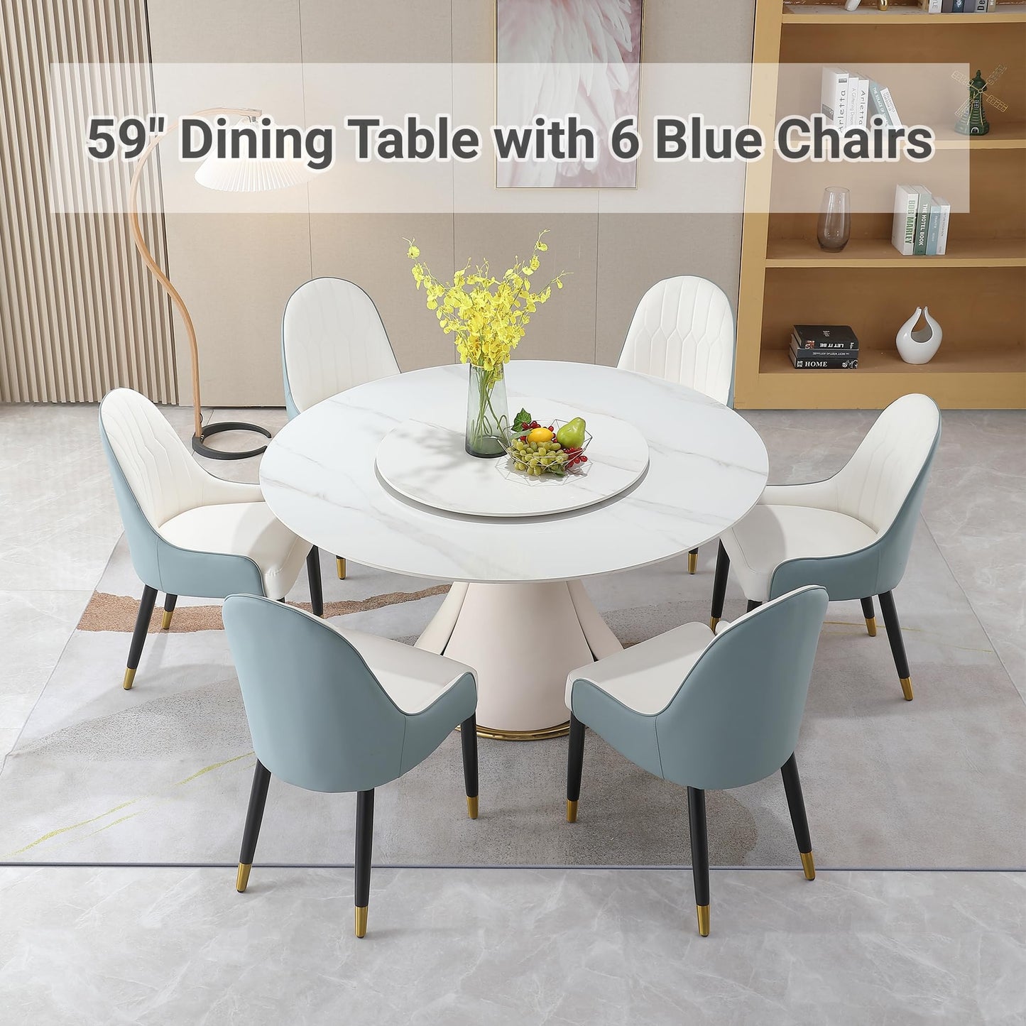 Montary 7 Piece Dining Table Set, Modern Dining Table Set of 6, White 59" D Faux Marble Dining Room Table Sintered Stone Round Table with 6 Blue Dining Chairs