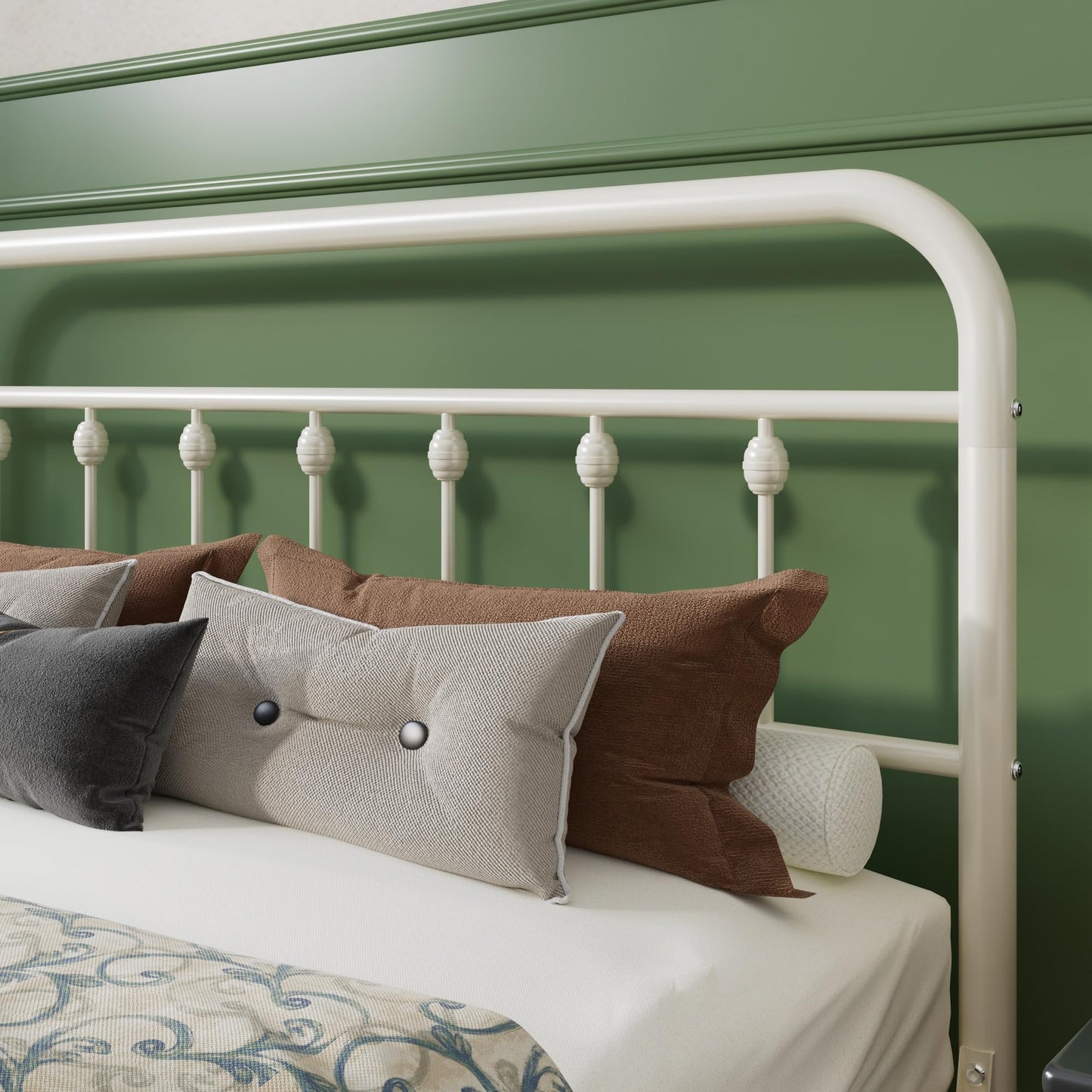 SHA CERLIN Queen Size Metal Platform Bed Frame with Victorian Style Iron-Art Headboard and Footboard, Easy Assembly, Under Bed Storage, No Box Spring Required, Off White